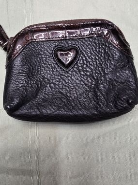 Brighton Black Pebbled Leather Heart Coin Purse Croc Embossed Trim Pouch